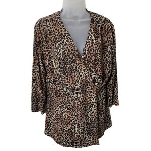 Chicos Size 2 Large Cheetah Print Blouse Surplice Slinky Knit Glitter 3/4 Sleeve